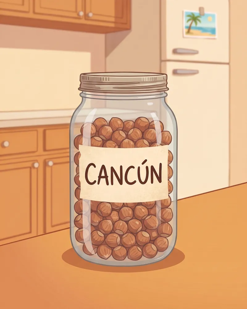 A glass jar of nuts labeled Cancún on a kitchen counter