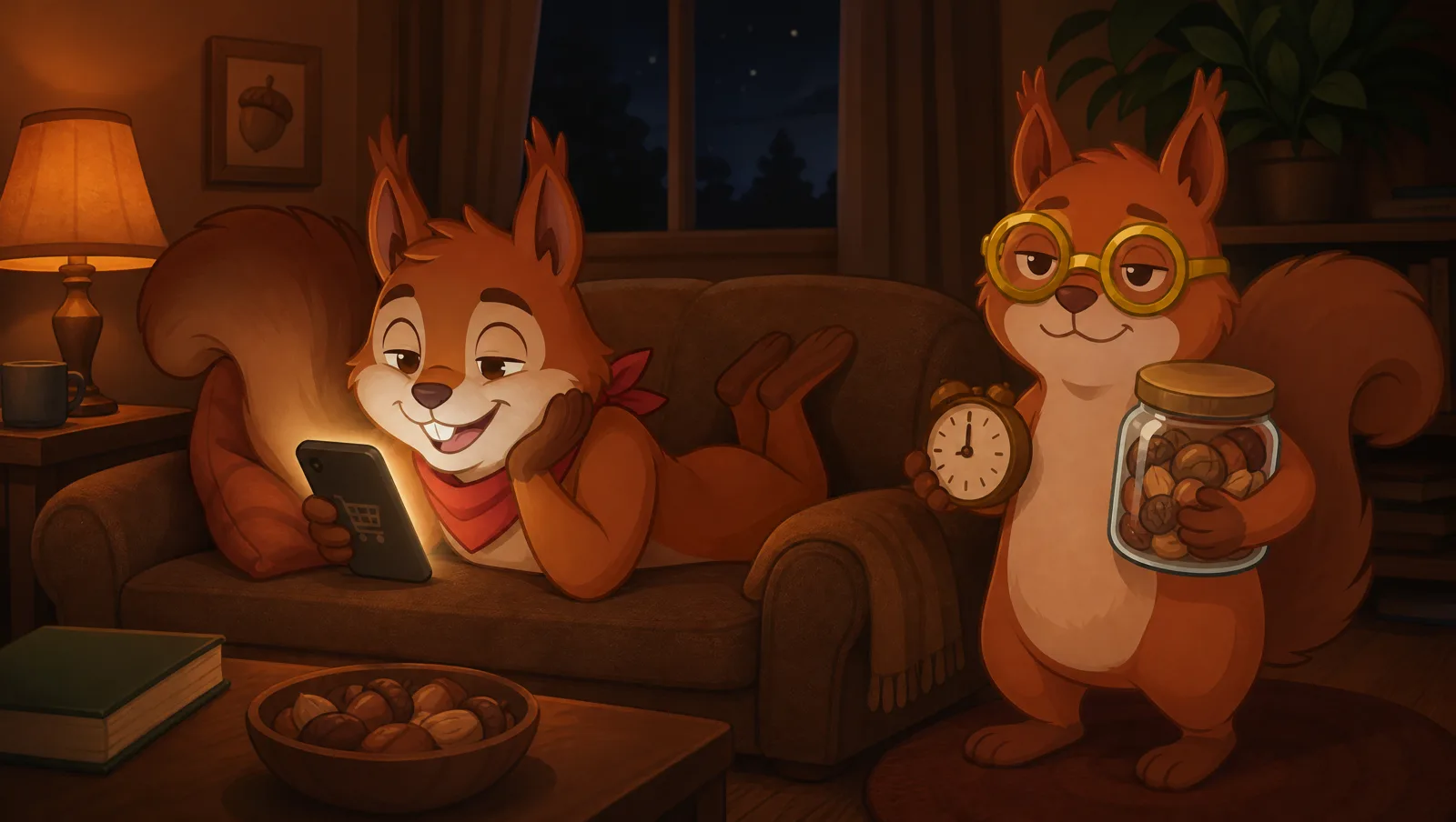 Dip the squirrel on a couch at night, shopping on his phone, while Tuck holds a clock and a jar of nuts