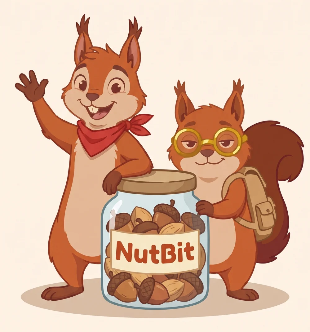 Dip and Tuck, the NutBit squirrels, with a jar of nuts