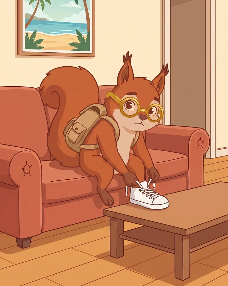 Tuck lacing up a sneaker, looking over his gold glasses